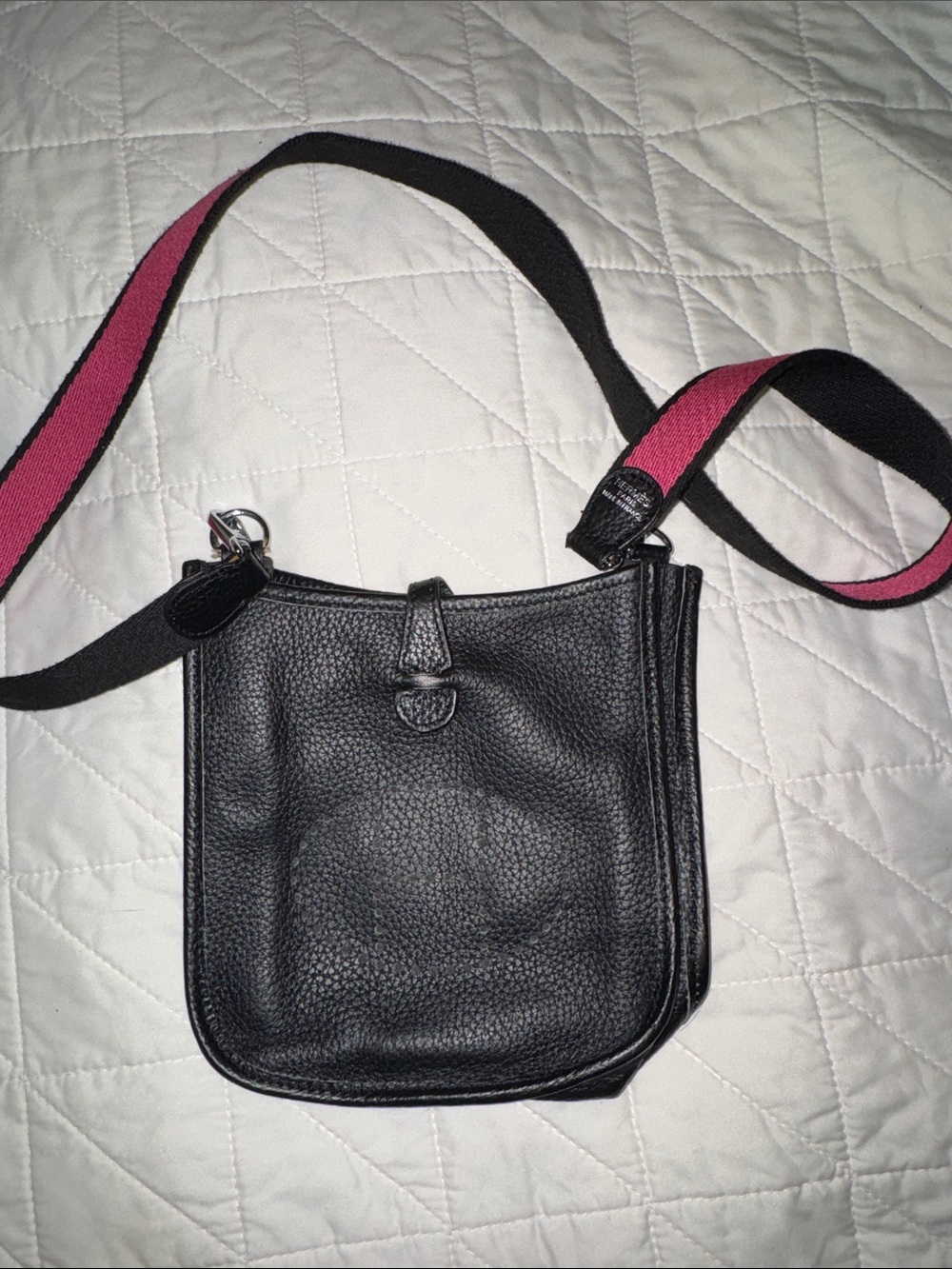 Black Pebbled Leather Crossbody Bag with Pink-Trim Strap